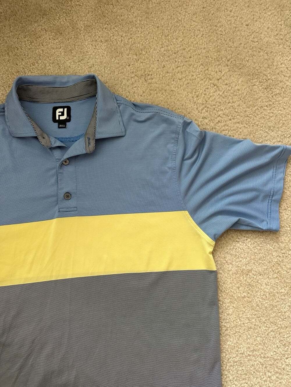 FootJoy FJ Golf Polo Shirt Mens Size L Colorblock Striped Blue Yellow Gray